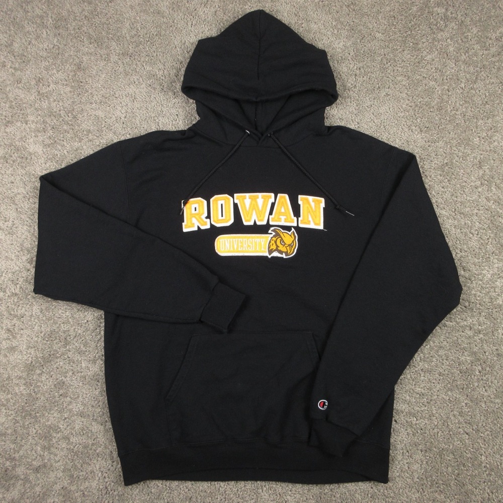 Rowan Profs Sweater Mens Large Black Hoodie Sweatshirt Stitched Champion Fleece